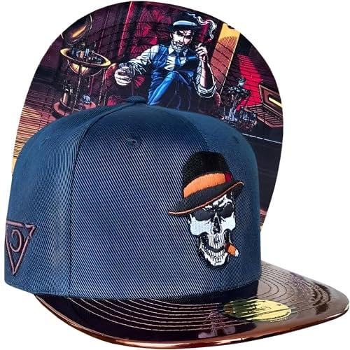 Capiche [99+ Variationen] Cigar Snapback Cap – Blaue Mütze mit gesticktem Smoking-Totenkopf-Logo, brauner metallischer Krempe, Bar-Lounge-Unterschirmkunst, verstellbare für auffällige
