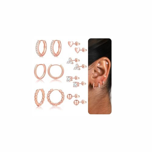 GEMAURA Sterling Silver Earrings Rose Gold Earrings for Women Small Silver Hoop Dainty Gold Studs for Women Silver Stud Shiny Cubic Zirconia Diamond (7 Pairs)