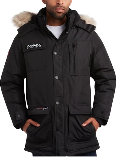 CANADA WEATHER GEAR Herren Parka - Schwerer Polarfleece gefütterter Parka Mantel mit Kunstfellkapuze - warme Jacken für Männer (M-XXL), Schwarz, X-Large