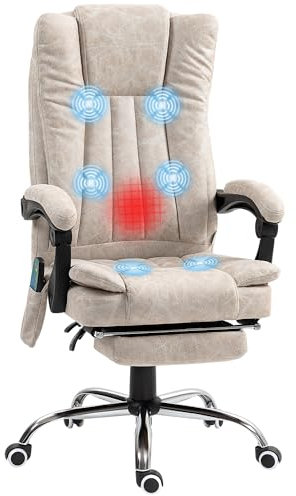 Vinsetto Silla de Masaje con 6 Puntos de Masaje Silla de Oficina Giratoria Silla de Escritorio Reclinable con Altura Ajustable Función de Calefacción Reposapiés Retráctil y Control Remoto Crema