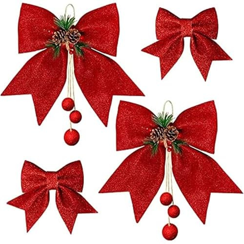 Sykerout 4pcs Lazos arbol Navidad, Arco de Navidad,Lazos Rojos arbol Navidad, Regalo de Fiesta de árbol de Navidad, Lazo Llamativo navideño Estufa navideña, Adornos para Ventanas