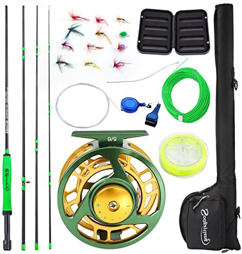 Sougayilang Standard Fliegenfischen Combo Starter Kit, 5/6 Gewicht 9' Fliegenrute mit SuperPolymer-Griff, Zubehör, CNC-Fliegenrolle, Tragetasche, Fliegenbox-Koffer & Angelfliegen