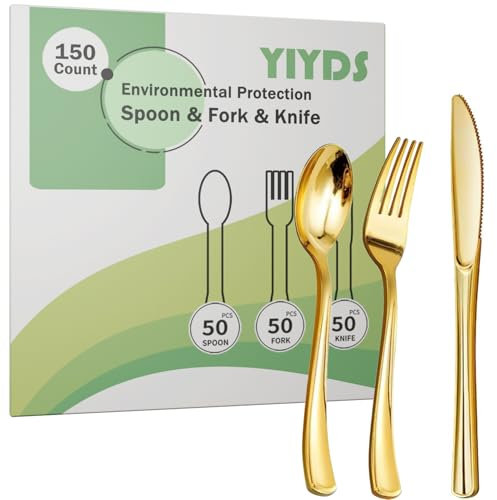 150 unidades cubiertas doradas de plástico, juego de cubiertos de oro, plástico, fiesta, reutilizables, BPA-Freie, cuchillos, tenedores y cucharas 50 cada uno, para fiesta de reunión familiar, comida
