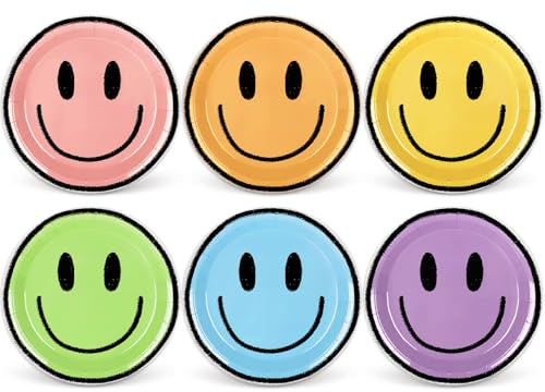 Whaline Boho Smile Face Paper Plate Happy Face Disposable Plate 6 Colors Cute Dinnerware Plates 9 Inch For Birthday Party Supplies Table Decor, 24Pcs