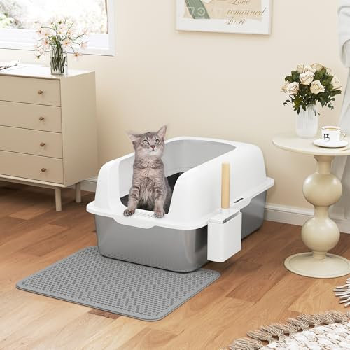 YITAHOME Bandeja de Arena de Acero Inoxidable para Gatos con Bandeja de Arena, 60 x 40 x 30 cm, XXL, Caja de Arena de Metal Cerrada Grande con Cuchara, Parte Inferior Antideslizante, Lados más Altos