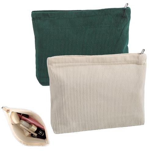 2 Stück Kleine Kosmetiktasche, Kosmetiktasche Cord Für Frauen, Schminktasche 25 X 18 X 5 cm, Make Up Tasche Beige/Dunkelgrün, Mini Kosmetiktasche Für Den Alltag Und Reisen