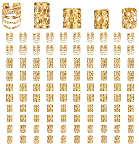 100 Stück Gold Dreadlocks Schmuck, Braids Schmuck haarschmuck Metall Haarringe Verstellbar Cuffs Haarperlen Haarperlen zum Klipsen Dreadlock Zubehör für Zöpfe(Gold)