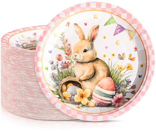 Sunnychicc 100 Pcs Easter Paper Plates 7'' Round Disposable Bunny Plates Bulk Egg He Is Risen for Holiday Spring Party Dessert Supplies(White,Bunny with Egg)