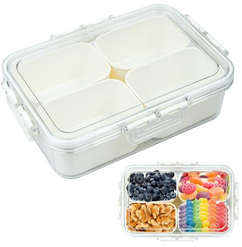 Cuencos Aperitivos con Compartimentos, Plato de Aperitivos con Tapa, Caja de Aperitivos con 4 Compartimentos para Fiestas, Picnics, Cajas de Aperitivos para Dulces Frutos Secos Postres Fruta