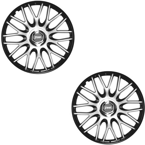 2 Stück Radkappen (wählbar in 14 Zoll, 15 Zoll,16 Zoll) – Hochwertige Radzierblenden für PKW-Stahlfelgen – Perfekt als Ersatz oder zum Nachkauf (J-TEC/Schwarz-Silber-Matt+Chromnabe, 15 Zoll)