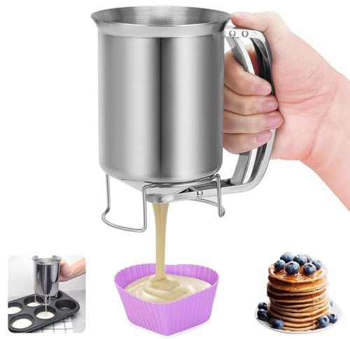 900ml Mix Batter Separator with Squeeze Handle, Cake Pancake Pourer, Muffins-Cooking Funnel, Stainless Steel Egg Tart Liquid Dispenser, Kitchen Baking Tool for Cupcake, Brownie, Donut, Crepes, Waffles