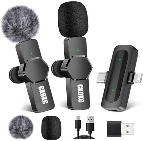 CKOKC Micrófono Lavalier inalámbrico para iPhone - Ordenador Android, Mini micrófono para transmisión en directo, receptor 2 en 1 integrado, grabación de vídeo, entrevistas al aire libre o interior,