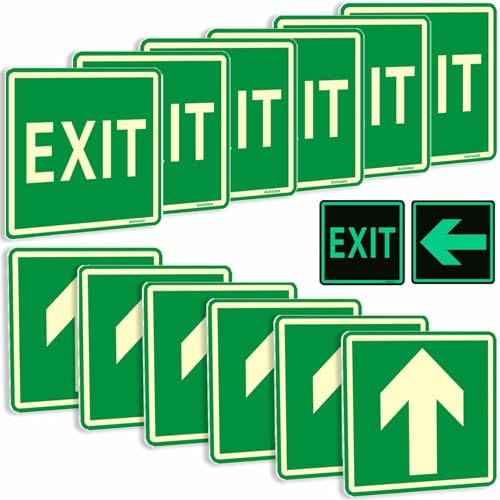 12 Pezzi Cartello Uscita di Emergenza, Cartello Uscita di Sicurezza Luminoso, (Cm 15x15), Frecce Indicazione Direzione Uscita di Sicurezza, Impermeabili, Adesivo Super Attack (Uscita Adesivi Luminosi)
