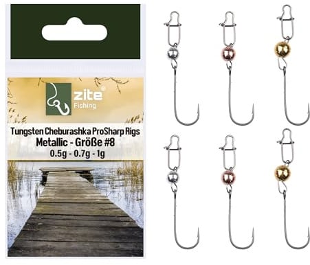 Zite Fishing Tungsten Cheburashka Set | 6 STK Pro Sharp Rigs UL | Cheburaschka Forellen-Haken | Baitholder Hooks #4 - #8 mit 0,5g/0,7g/1,0g Metallic Tungstenperle | Ultra Light Forellenköder