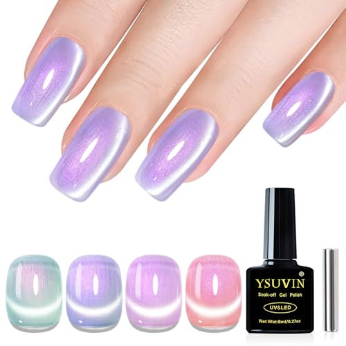 Yueshop Gel Nail Polish Cat Eye,4 Colors Holographic Magnetic Nail Polish Soak Off UV LED, Aurora Mermaid Pink Purple Blue Green CatEye Gel Polish For Nail Art DIY Home,8ml