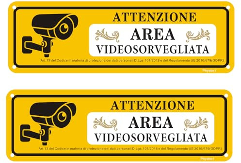 Cartello Area Videosorvegliata - 2 Pezzi, 25 x 8 cm Alluminio Cartello Videosorveglianza Adesivo per Locali e Proprietà Privata