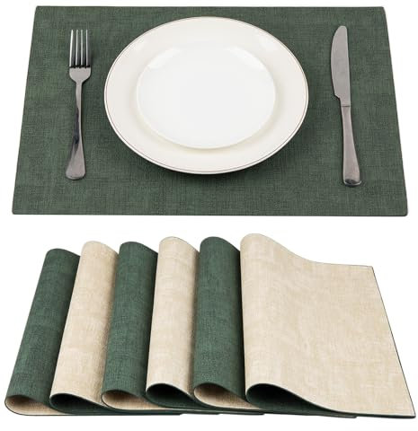 SUEH DESIGN Leder Tischsets 6er Set Tischsets Abwaschbar Lederoptik Platzdeckchen Hitzebeständiges PU Kunstleder Platzset für Hause Küche Speisetisch 43cm x 31cm, Dunkelgrün und Beige