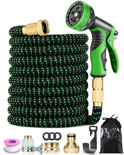 Flexibler Gartenschlauch 30m/100FT, Flexibler Gartenschlauch Dehnbarer mit 10-Funktionsdüse Brause, 3/4 und 1/2 Zoll Messinganschlüssen, Garden Hose für Gartenarbeit, Waschen und Gießen