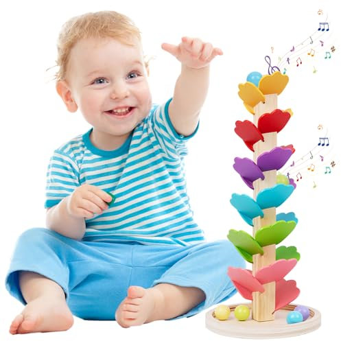 Jonuin Holz-Kugelbahn Klangbaum für Kinder, Klang-Murmelbahn Regenbogen mit 1 Basis, 4 Kugeln, Lernspielzeug, Hölzerner Musikbaum Regenbogen, Montessoris Spielzeug Für Jahren