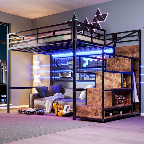 Merax Hochbett aus Metall, 140 x 200 cm, mit Kleiderschrank, Stauraumleiter, Freifläche unter dem Bett, LED-Bettgestell(ohne Matratze) für Kinder/Erwachsene, Schwarz