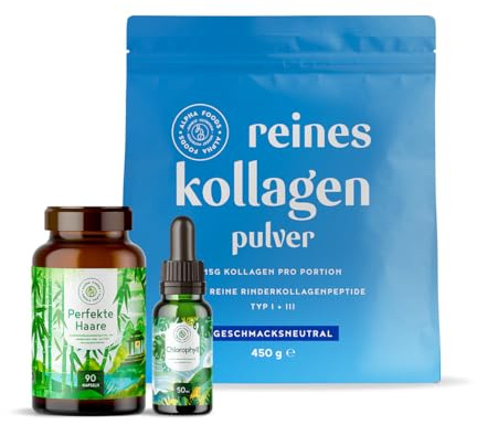 Alpha Foods Beauty-Set: Kollagenpulver + Haarvitamine + Chlorophyll-Tropfen - für Haut & Haare