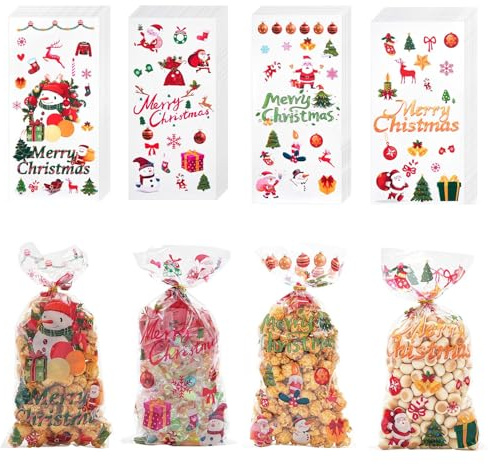 100 Stück Kekstüten Weihnachten Weihnachtsthema Süßigkeiten Weihnachtstüten Transparent Kleine Geschenktüten Weihnachtens mit Metallischen Bändern für Kekse Süßigkeitens Nüsse Schokolade (A)