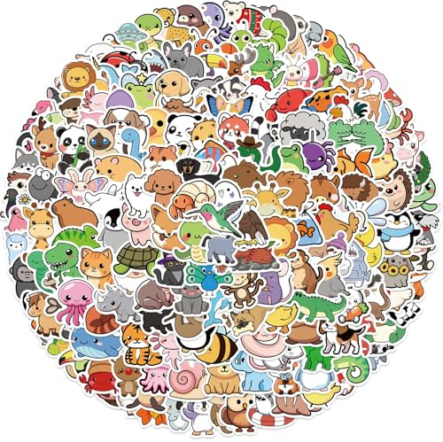 200 Stück Cartoons Tiere Aufkleber Auto Laptop Telefon Gitarre Skateboard Motorrad Fahrrad Tiere Stickers Set Transparent Vinyl Wasserdicht Aesthetic Aufkleber für Jugendliche Kinder Erwachsene
