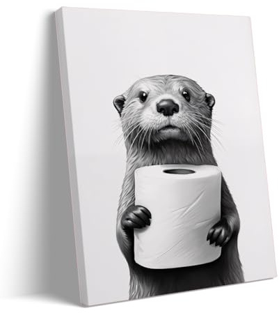 Lustiger Otter-Badezimmer-Wandkunst, witziges Tier-Toilettenpapier-Poster, minimalistischer schwarz-weißer Leinwanddruck für Badezimmer oder WC, 30 x 40 cm Rahmen