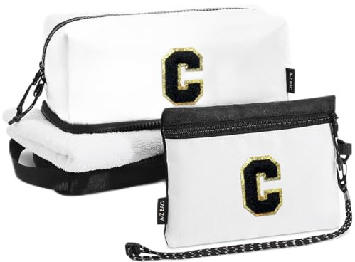 A-Z BAG Beauty case da viaggio per donne, borsa per il trucco personalizzata con organizer per pennelli da trucco, set porta passaporto RFID per uomo, Nero, C