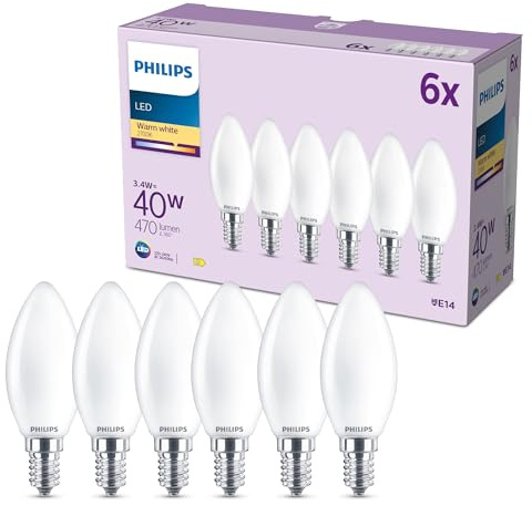Philips LED Leuchtmittel, 6er-Pack, B35, E14, 470 Lumen, 40 W, Kerzendesign, Lange Lebensdauer, Warmweißes Licht 2.700 K, Mattierte Lampe