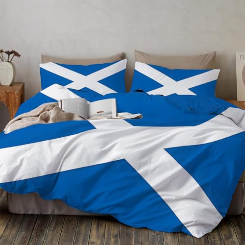 WIVCOMD White Printed Duvet Cover Set - Patriotic Theme Bedding with 2 Pillowcases, Scottish Flag Soft Easy Care Microfibre Quilt Cover, King