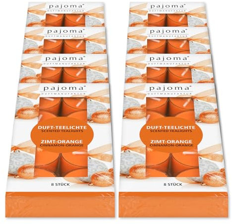 pajoma® Teelichte 8er Pack, Zimt - Orange | 64 Duft-Teelichte in Polycarbonathülle, Brenndauer ca. 4 Stunden - Höhe 1,5 cm ø 3,5 cm | Premium Qualität | Deko, Gastronomie, Windgläser, Hochzeit