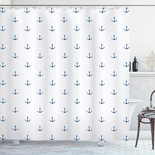 ABAKUHAUS Anker Duschvorhang, Vivid Blue Anchor, Stoffliches Gewebe Badezimmerdekorationsset mit Haken, 175 x 180 cm, Blau Weiß