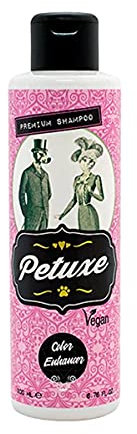 Petuxe Cosmetics Farbverstärkendes Shampoo für Hunde und Katzen in Schwarz oder Braun. Reinigt, spendet Feuchtigkeit und pflegt das Fell mit Olivenöl und UV-Sonnenschutz. Vegan. 200 ml