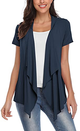 EXCHIC Abiti Manica Corta a Maniche Corte con Bordo Anteriore Aperto da Donna (L, Blu Navy)