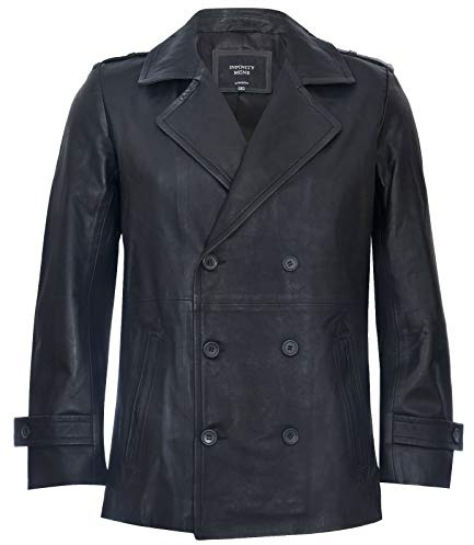 Men's Black Pea Coat Leather Jacket Dr Who German Naval 2XL