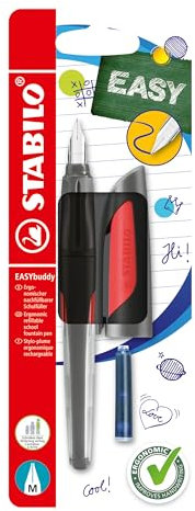 STABILO - Schulfüller mit Standard-Feder M - EASYbuddy in schwarz/koralle - Schreibfarbe blau (löschbar) - Einzelstift - inklusive Patrone