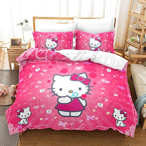 NICHIYOBI Hello Kitty Bettbezug Bettwäsche Set - Bettbezug und Kissenbezug,Mikrofaser,3D Digital Print dreiteiliger Bettwäsche (12,Single 135x200cm)