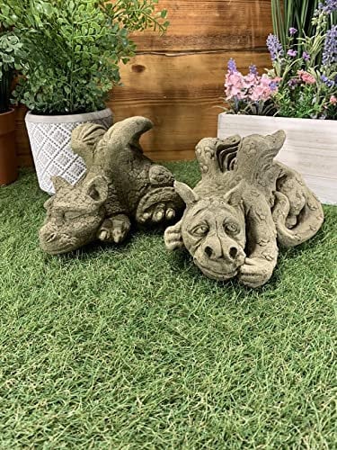 STONE GARDEN PAIR OF CUTE BABY DRAGON ORNAMENTS GOTHIC STATUES