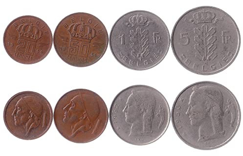 4 Coins Set from Belgium | Europe Coin Set Collection 20 50 Centimes 1 Franc 5 Francs | Circulated 1948 - 1963 | Old Collectible Currency for Collectors, Numismatic Album or Money Holders