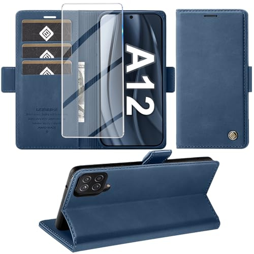 Giyer 2022-Upgrade Handyhülle für Samsung Galaxy A12 Hülle mit Schutzfolie, [Standfunktion] [Kartenfach Wallet] Premium Leder Schutzhülle Flip Case Stoßfeste Klapphülle A12/M12 Tasche (Blau)