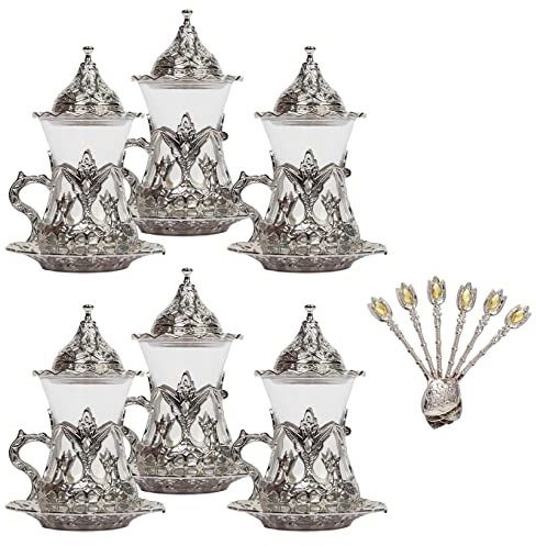 Alisveristime Turkish Tea Glasses (6), Handcrafted Design, 100 ml, Silver, with Saucers, Tea Spoons & Sugar Bowls