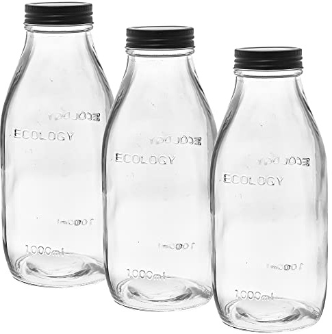 URBNLIVING 1, 2, 3, 4, 6 Pcs Matte Black Lid Vintage Style 1 Litre 1000ml Glass Milk Bottle (3)