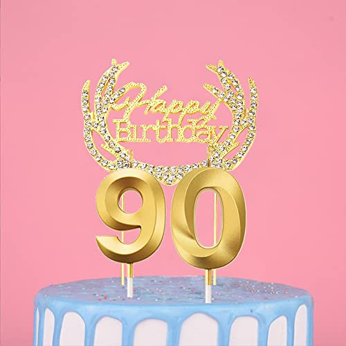 90. Geburtstag Kerzen, Gold Geburtstagskerze Zahl, Tortenkerzen Zahlen 90, Geburtstagskerzen Nummer, Zahlenkerzen für Torte, Kuchen Topper Happy Birthday Gold für Hochzeit Jubiläum Feier