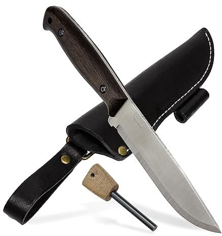 BPS Knives Nighthawk Adventurer - Couteau de Camping en Acier Inoxydable à Lame Fixe - Étui en Cuir Noir et Allume-feu - Couteau à Lame Pleine Soie Bushcraft
