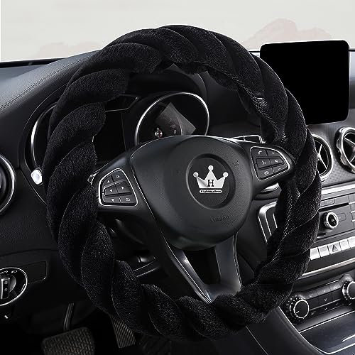 HighnessHwoo Luxuriöser Flauschiger Winter Lenkradbezug für Damen und Mädchen, Weicher Plüsch, Warm, Miedlich, Mädchenhaft, Auto Innenzubehör für Jeep-LKW, F150, rutschfest, Schwarz, Grössen(39-41cm)