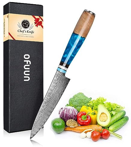 oFuun Cuchillo Cocina Damasco, 12,6cm Cuchillo Universales, 67 Capas Cuchillo Multiusos de Acero Damasco, Súper Acero VG10 con Mango Ergonómico de Resina Azul