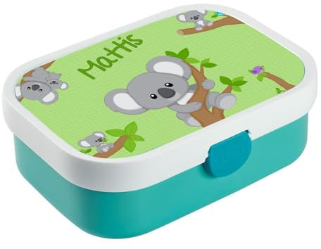 CreaDesign, Brotdose Kinder mit Fächern personalisiert Lunchbox Türkis mit Bento Einsatz, Brotbox mit Unterteilung Koala Bär Junge
