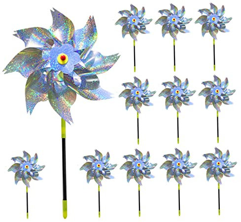 QmjdDymx Lot de 12 moulins à Vent réfléchissants pour Oiseaux, moulins à Vent pour Cour et Jardin, répulsifs pour Oiseaux – Moulin à Vent Anti-Pigeons avec piquets, Moulin à Vent Scintillant