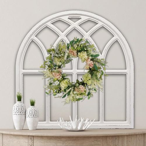 Sintosin Farmhouse Großer weißer gewölbter Fensterrahmen, Wanddekoration, 81,3 cm, hängend, Used-Look, Holz, rustikale Kathedrale, Fensterscheibe, Wanddekoration, Wohnzimmer, Eingang, Flur